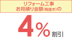 リフォーム工事お見積り金額（税抜き）の4％割引